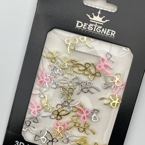 Объёмный декор Designer Professional для дизайна ногтей микс цветов золотые, серебристые, розовые бантики B5 Nat-0269 фото