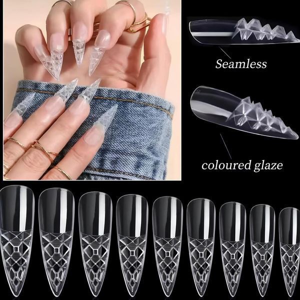 Гелеві тіпси з шипами для нарощування нігтів Designer 4D Crystal Fast Gel Tips Stiletto Medium TS1 140шт. Nat-0432 фото