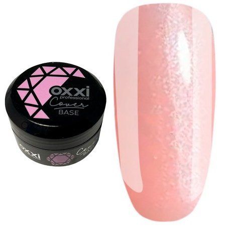 Камуфлирующая база для гель-лака Oxxi Professional Cover Base 30 мл № 08 нежно-розовая с серебряным шиммером 004667 фото